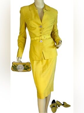VINTAGE 1950'S IRENE LENTZ GOLDEN ROD YELLOW BLAZER AND SKIRT SET (S)